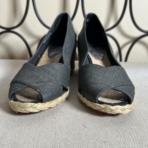 Lauren RL Cecilia open toe black with silver canvas sparkle Espadrilles wedge 7B - Picture 2 of 10